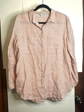 Boden Women’s Size 10 Orange & White Striped Linen Button-Down Shirt